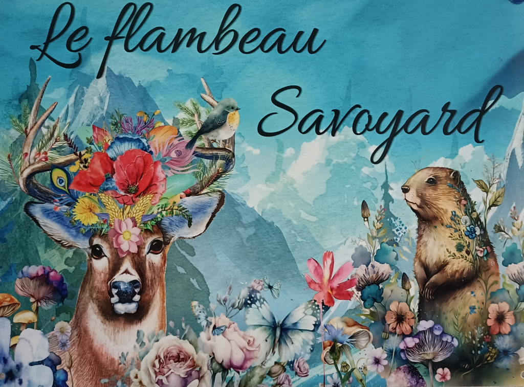 Illustration du Flambeau Savoyard avec un cerf, une marmotte, des fleurs et les montagnes alpines